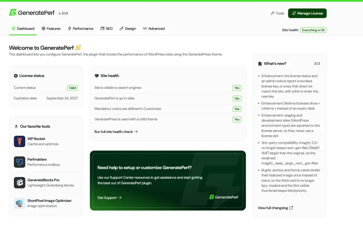 Tableau de bord de GeneratePerf dans WordPress : état de la licence, santé du site, outils recommandés et nouveautés