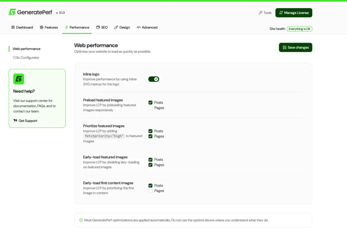 Réglages Web performance de GeneratePerf : logo intégré, images à la une préchargées et prioritaires, images du contenu chargées tôt